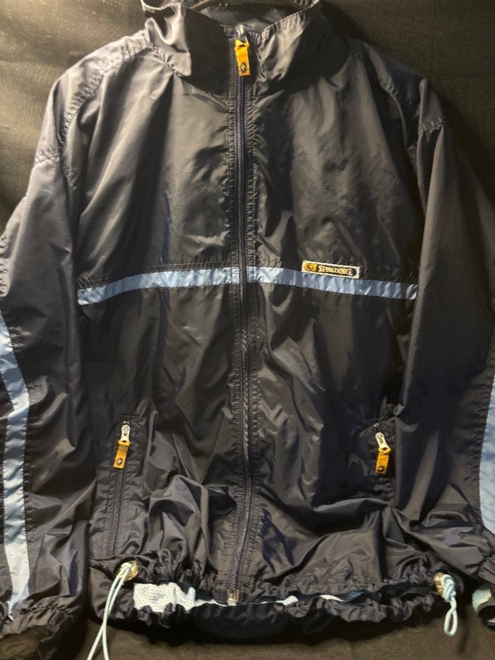 Vintage Spalding Athletics Windbreaker Jacket Men’s M Navy Hidden Hood 90s Style